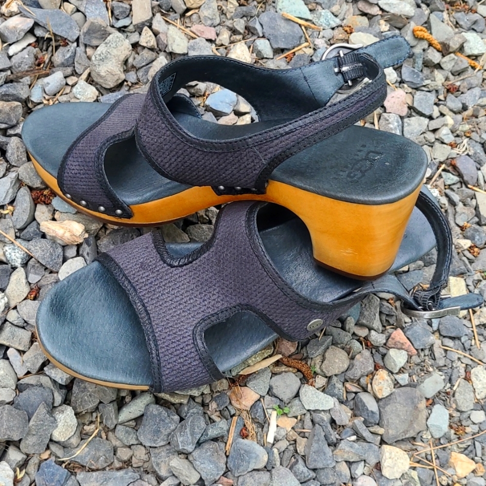 NWT UGG Lomita  Leather Mosaic Sandals Wooden Heel sling back buckle